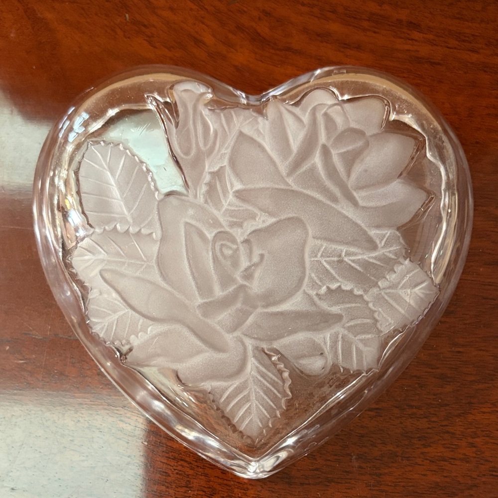 Clear Heart-Shaped Glass Dish- Rose Frosted Detail 6in wide by 1.5in deep.